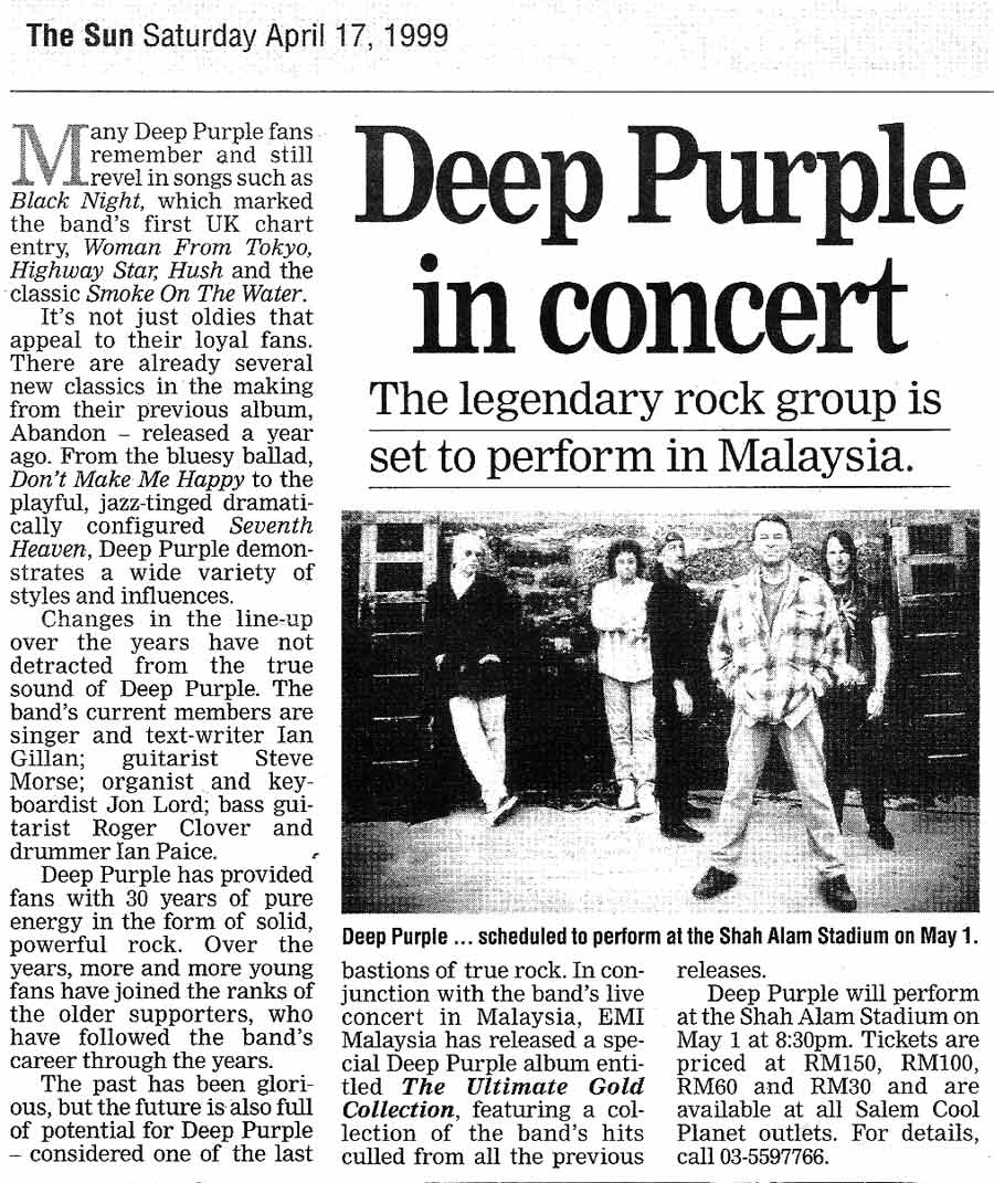 Deep Purple, Malaysia 1999 press cutting