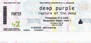 Deep Purple ticket. Belgrade 2006